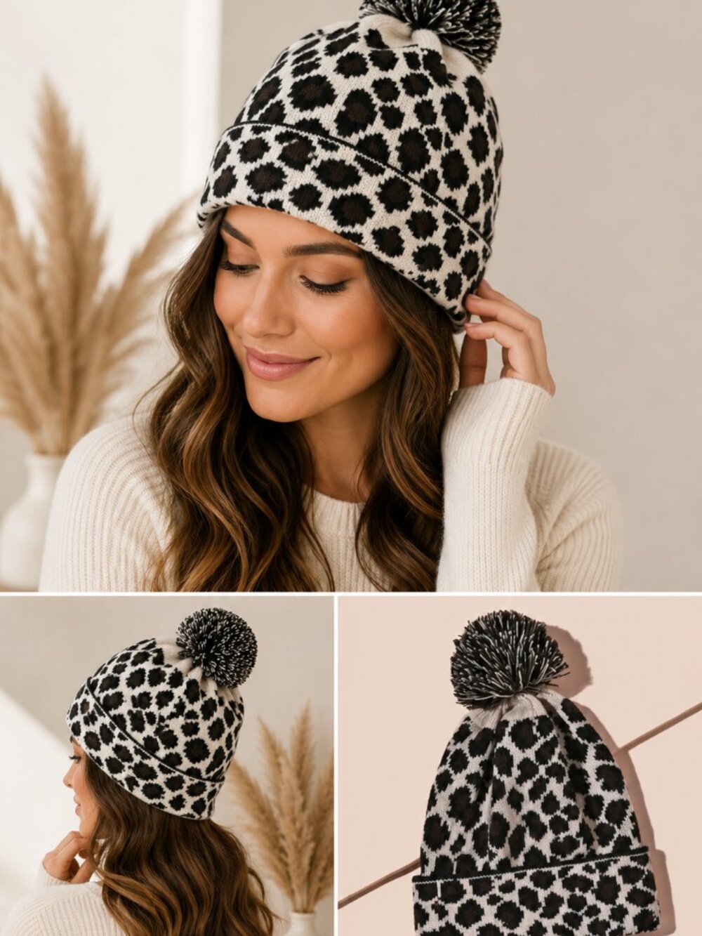 Leopard Print Knit Beanie Hat Black White Cream Pom Pom Winter Women's Cap